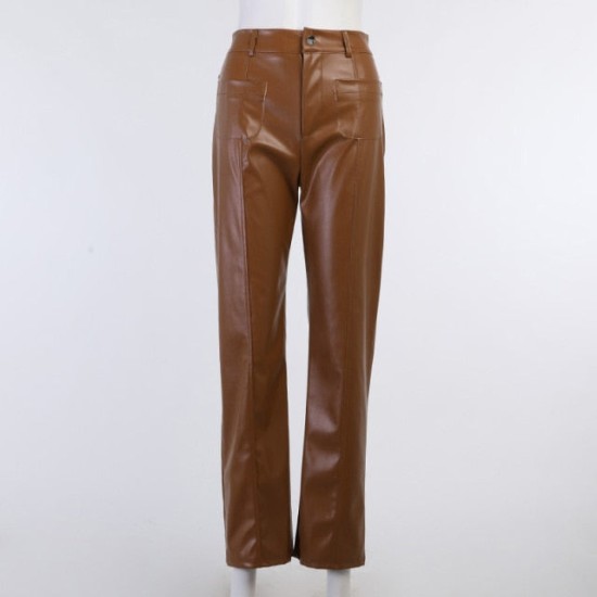 Faux Leather Pant Pockets Straight Pant Trousers Elegant High Waist Office