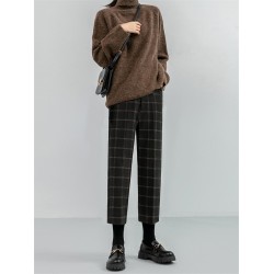 Checkered Plaid Wide Leg High Waist Straight Capris Wild Trousers