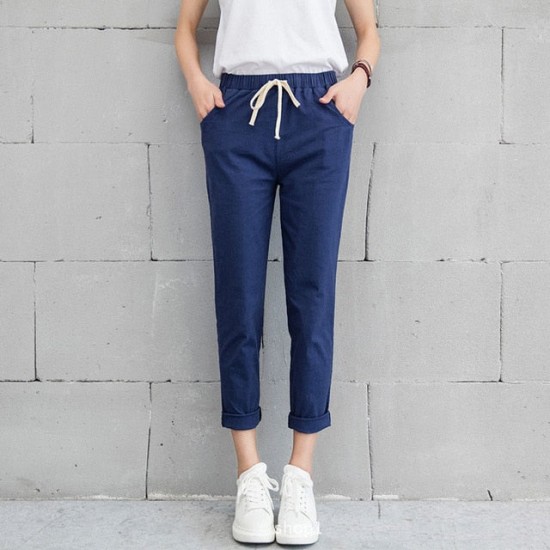 Casual Solid Elastic Waist Cotton Linen Ankle Length Pants Casual Solid Elastic Waist Cotton Linen Ankle Length Pants