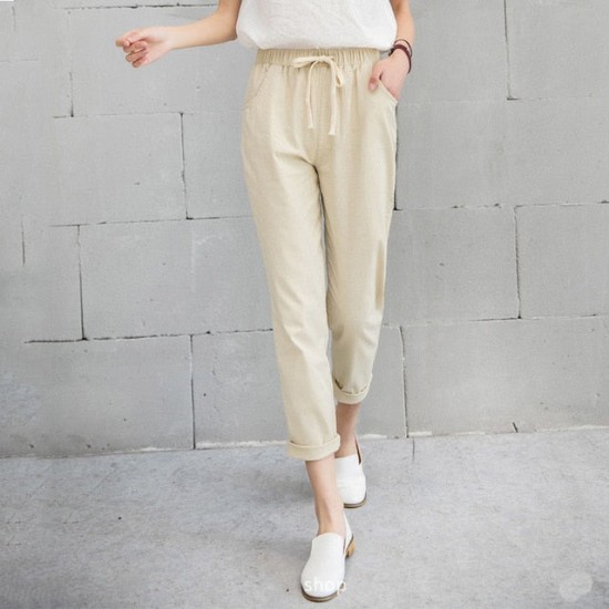 Casual Solid Elastic Waist Cotton Linen Ankle Length Pants Casual Solid Elastic Waist Cotton Linen Ankle Length Pants