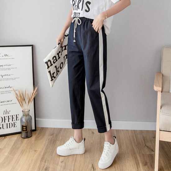 Casual Cotton Linen Ankle Length Striped Pant